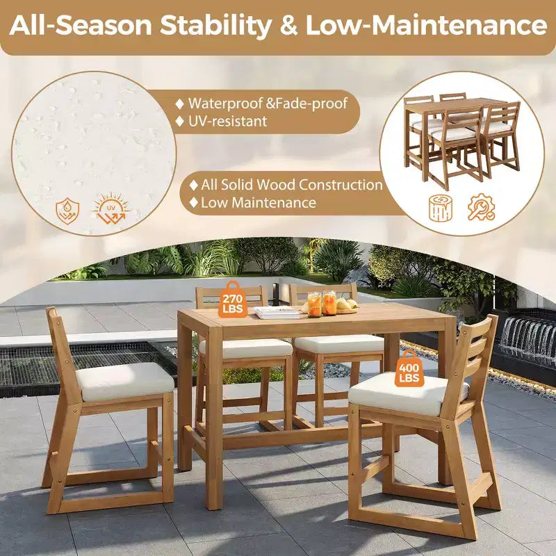 Set da bar rustico per patio Whisen, 5 pezzi, set con tavolo e sedie da patio, sedie ergonomiche e piano del tavolo a doghe