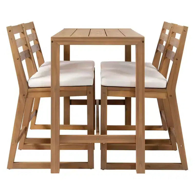 Set da bar rustico per patio Whisen, 5 pezzi, set con tavolo e sedie da patio, sedie ergonomiche e piano del tavolo a doghe
