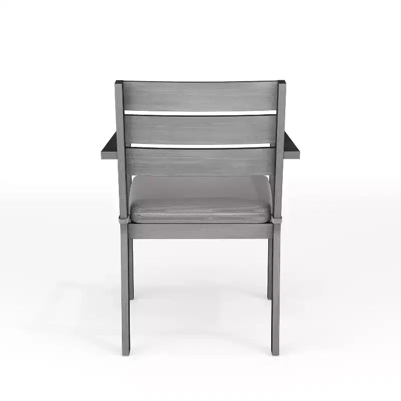 Martha Stewart Bedford 5-elementowy aluminiowy zestaw mebli na taras, 4 sztaplowane krzesła jadalniane z poduszkami, okrągły stół 36 z podstawą kozłową, wykończenie szczotkowanego usłojenia drewna