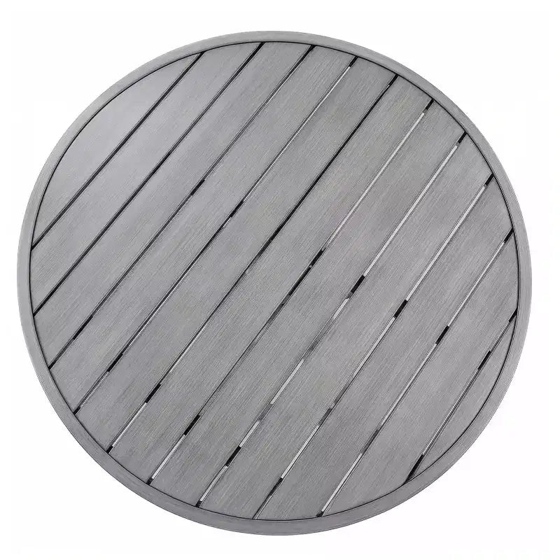 Martha Stewart Bedford 5-elementowy aluminiowy zestaw mebli na taras, 4 sztaplowane krzesła jadalniane z poduszkami, okrągły stół 36 z podstawą kozłową, wykończenie szczotkowanego usłojenia drewna