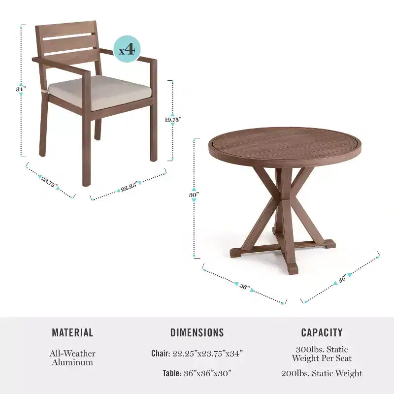 Martha Stewart Bedford 5-elementowy aluminiowy zestaw mebli na taras, 4 sztaplowane krzesła jadalniane z poduszkami, okrągły stół 36 z podstawą kozłową, wykończenie szczotkowanego usłojenia drewna
