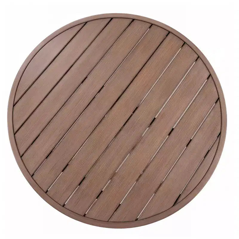 Martha Stewart Bedford 5-elementowy aluminiowy zestaw mebli na taras, 4 sztaplowane krzesła jadalniane z poduszkami, okrągły stół 36 z podstawą kozłową, wykończenie szczotkowanego usłojenia drewna