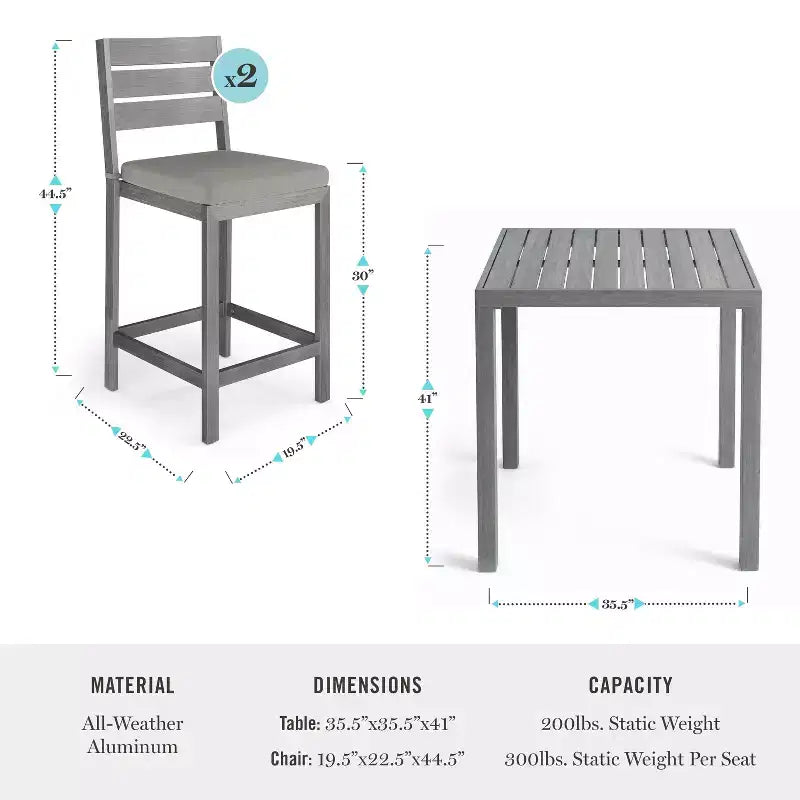 Martha Stewart Bedford – 5-elementowy aluminiowy zestaw tarasowy, 4 stołki barowe z poduszkami i kwadratowy stół tarasowy 35,5