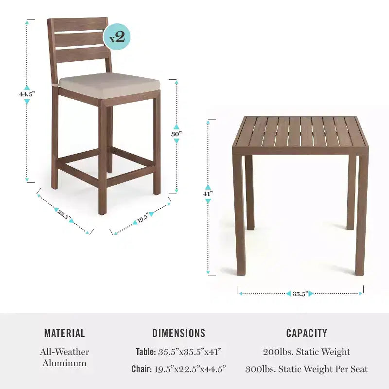 Martha Stewart Bedford – 5-elementowy aluminiowy zestaw tarasowy, 4 stołki barowe z poduszkami i kwadratowy stół tarasowy 35,5