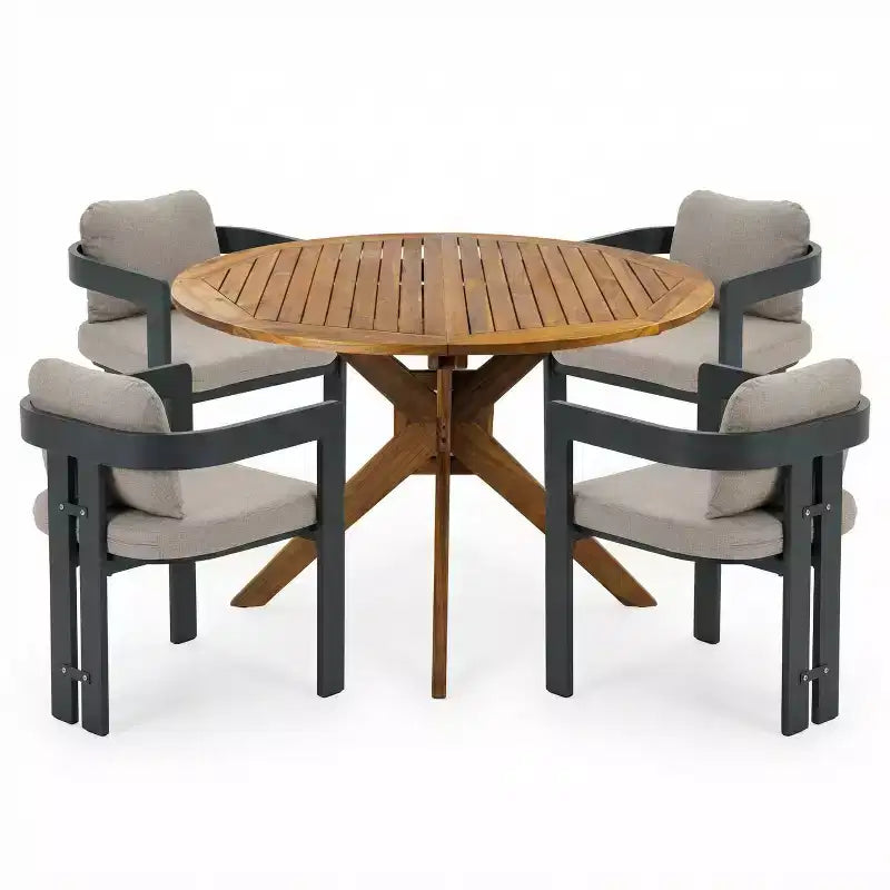 Set da pranzo da patio Christopher Knight Home Evren da 5 pezzi in stile moderno, con sedie in alluminio e tavolo da pranzo con piano a doghe in legno di acacia