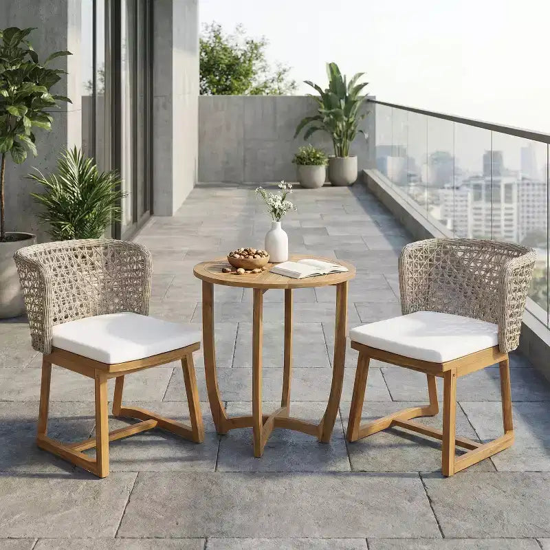 Christopher Knight Home Rohan modernes 3-teiliges Akazienholz-Terrassen-Esszimmerstuhl-Set mit natürlichem Korbgeflecht und Bistrotisch