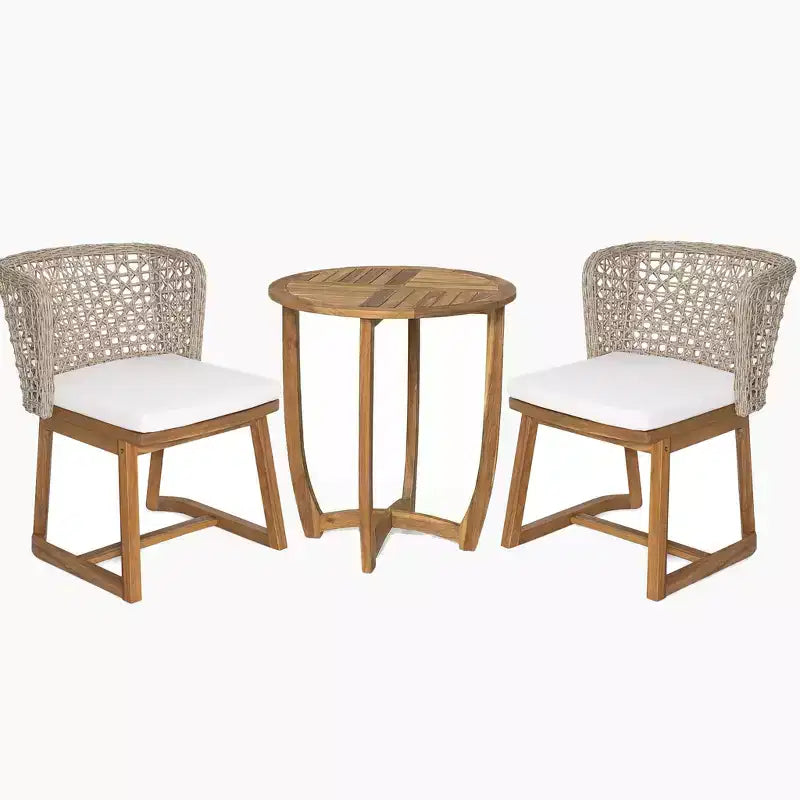Christopher Knight Home Rohan modernes 3-teiliges Akazienholz-Terrassen-Esszimmerstuhl-Set mit natürlichem Korbgeflecht und Bistrotisch