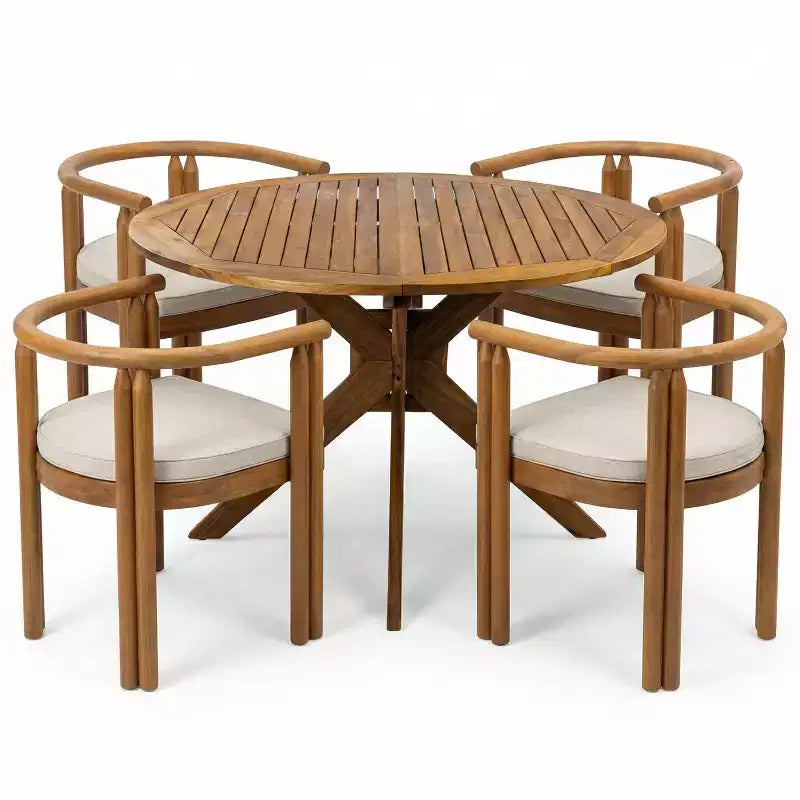 Christopher Knight Home Matteo rustieke eetset voor de patio, 5-delig, van acaciahout, met kussens en tafel met lattenblad