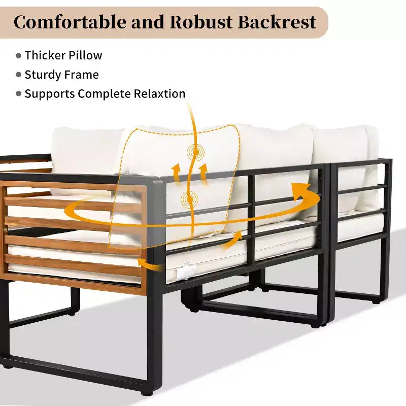 GDFStudio Cameron Patio Modern Acacia Wood & Metal 4-Piece L-Shaped Sectional Sofa Set with Coffee Table and Cushions