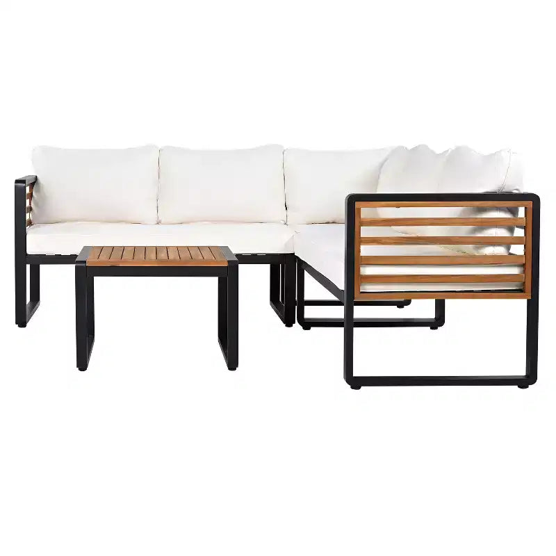 GDFStudio Cameron Patio Modern Acacia Wood & Metal 4-Piece L-Shaped Sectional Sofa Set with Coffee Table and Cushions