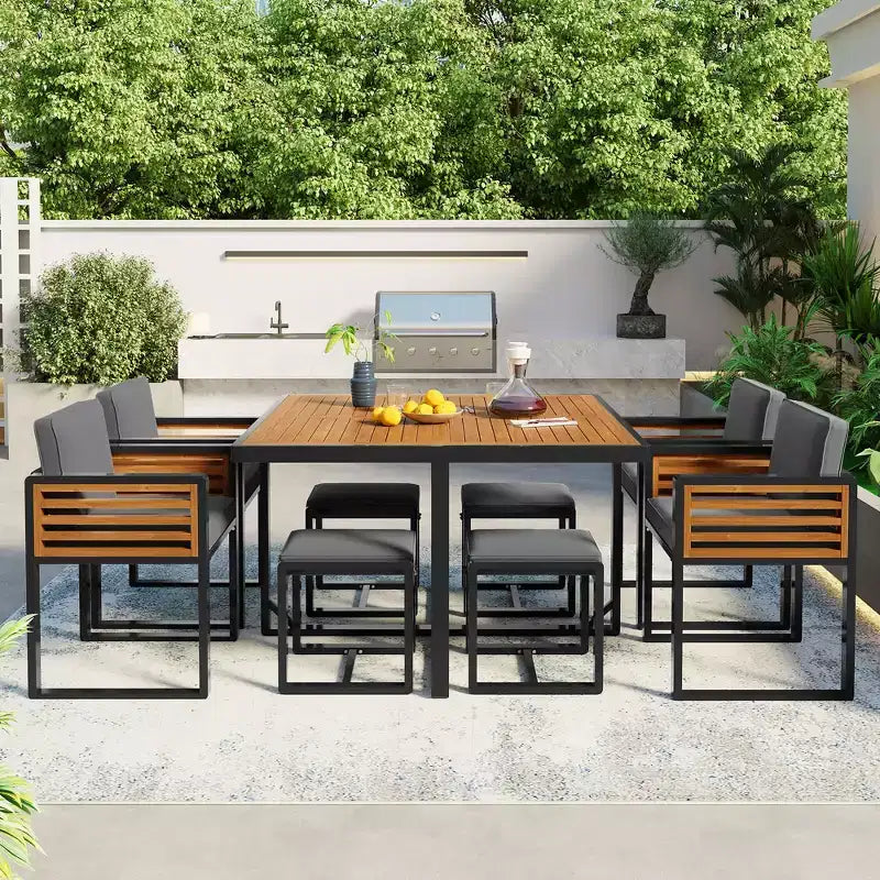 Ensemble de salle à manger d’extérieur Donald de GDFStudio, 9 pièces, en bois d’acacia, avec table carrée, 4 chaises à coussin et 4 tabourets