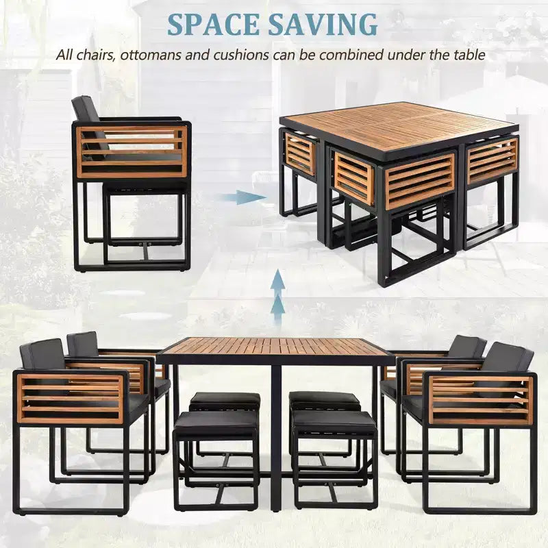 Ensemble de salle à manger d’extérieur Donald de GDFStudio, 9 pièces, en bois d’acacia, avec table carrée, 4 chaises à coussin et 4 tabourets