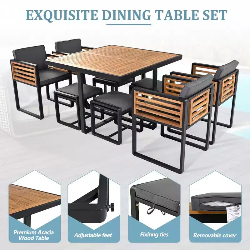 Ensemble de salle à manger d’extérieur Donald de GDFStudio, 9 pièces, en bois d’acacia, avec table carrée, 4 chaises à coussin et 4 tabourets