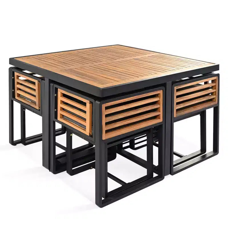 Ensemble de salle à manger d’extérieur Donald de GDFStudio, 9 pièces, en bois d’acacia, avec table carrée, 4 chaises à coussin et 4 tabourets