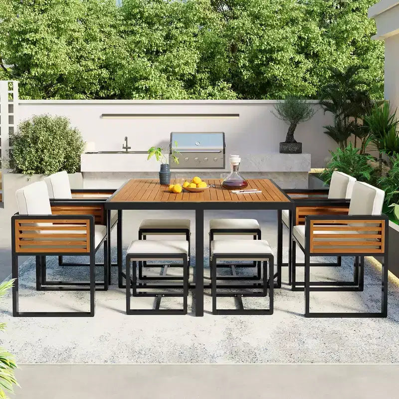 Ensemble de salle à manger d’extérieur Donald de GDFStudio, 9 pièces, en bois d’acacia, avec table carrée, 4 chaises à coussin et 4 tabourets