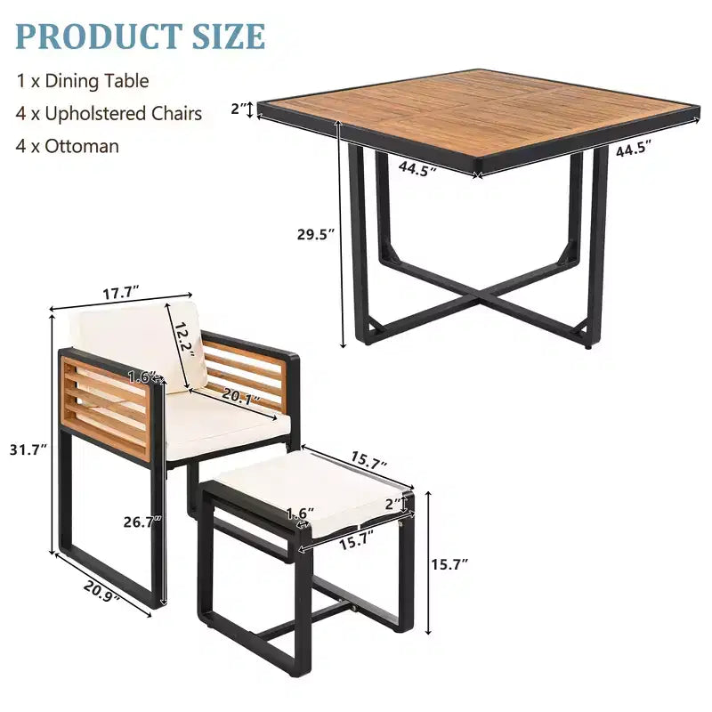 Ensemble de salle à manger d’extérieur Donald de GDFStudio, 9 pièces, en bois d’acacia, avec table carrée, 4 chaises à coussin et 4 tabourets