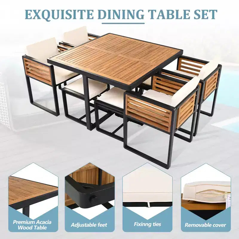 Ensemble de salle à manger d’extérieur Donald de GDFStudio, 9 pièces, en bois d’acacia, avec table carrée, 4 chaises à coussin et 4 tabourets