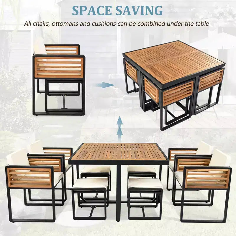 Ensemble de salle à manger d’extérieur Donald de GDFStudio, 9 pièces, en bois d’acacia, avec table carrée, 4 chaises à coussin et 4 tabourets