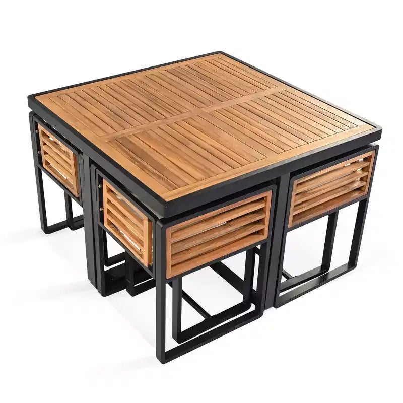 Ensemble de salle à manger d’extérieur Donald de GDFStudio, 9 pièces, en bois d’acacia, avec table carrée, 4 chaises à coussin et 4 tabourets