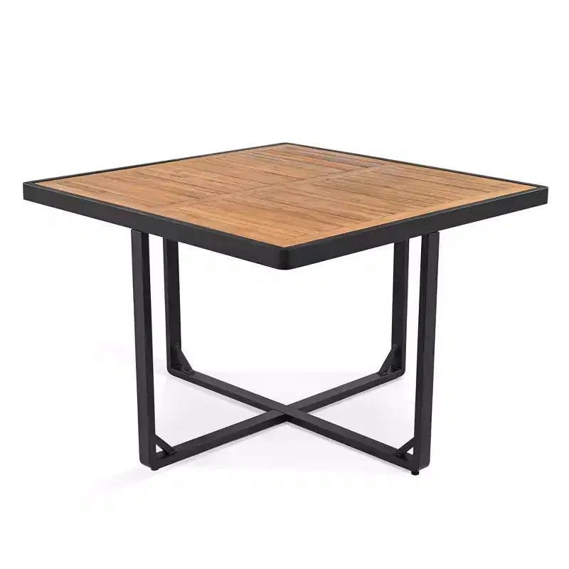 Ensemble de salle à manger d’extérieur Donald de GDFStudio, 9 pièces, en bois d’acacia, avec table carrée, 4 chaises à coussin et 4 tabourets