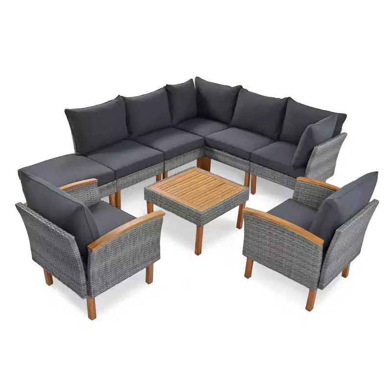 GDFStudio Preston Patio Modern PE Rattan 9-Piece Patio Sectional Conversation Set with Table and Cushioned