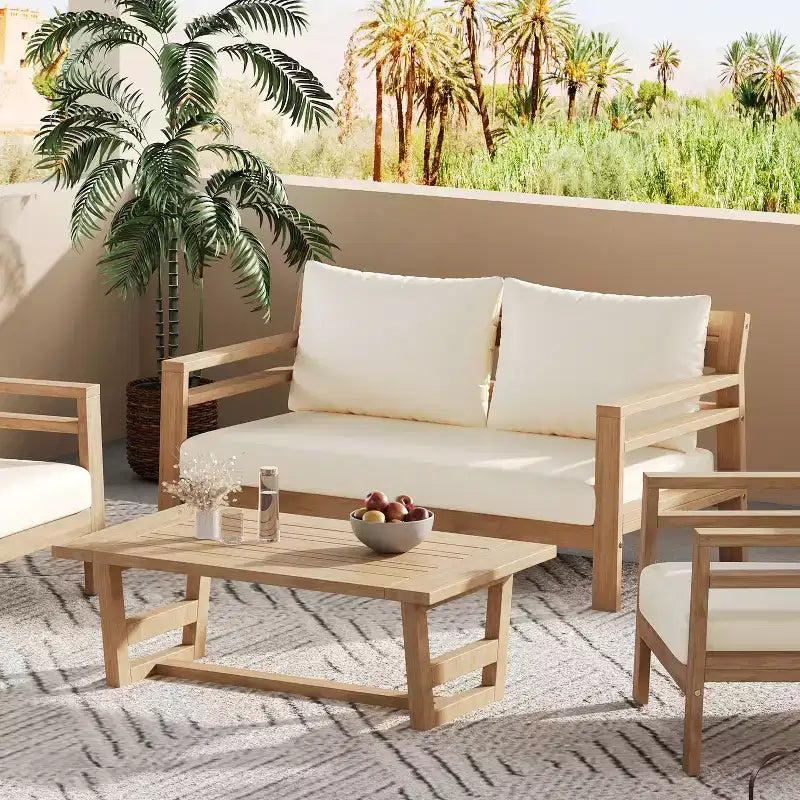 ModernLuxe 5-elementowy zestaw wypoczynkowy na taras z drewna akacjowego, ze stolikiem kawowym, zestaw do wypoczynku i rozmów na taras z beżowymi poduszkami, jasne wykończenie tekowe