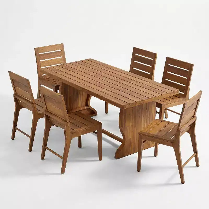 Christopher Knight Home Lorenzo modernes 7-teiliges Esszimmerset aus Akazienholz mit Lattenoptik und fischschwanzförmigen Beinen