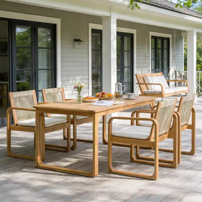 Conjunto de comedor de patio Chasel de 5 piezas de madera de acacia moderna Christopher Knight Home con 4 sillas de comedor de cuerda