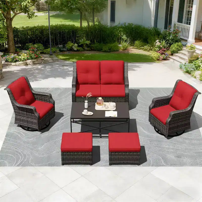 UPTIOT Modulare Outdoor-Sitzgruppe: 2-Sitzer-Sofa, 2 Schaukelstühle, 2 Hocker und Couchtisch für eine vielseitige Terrasse