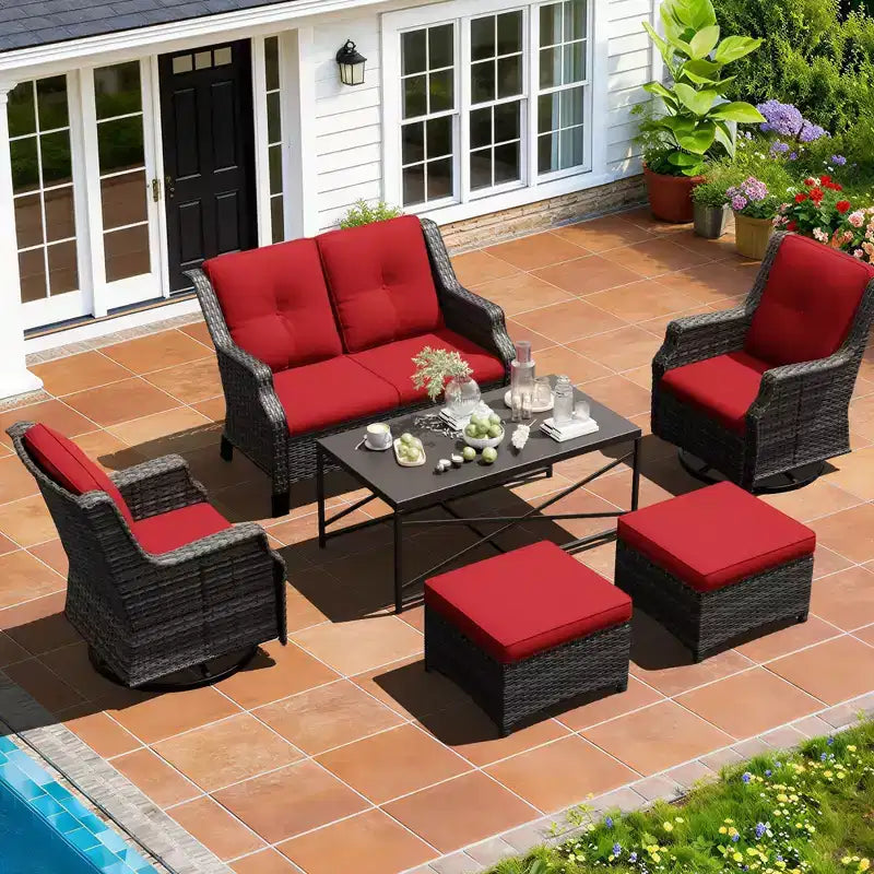 UPTIOT Modulare Outdoor-Sitzgruppe: 2-Sitzer-Sofa, 2 Schaukelstühle, 2 Hocker und Couchtisch für eine vielseitige Terrasse
