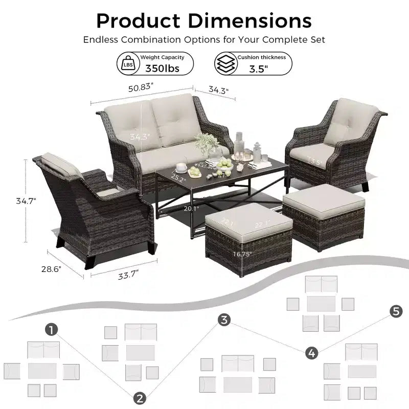 UPTIOT Modulare Outdoor-Sitzgruppe: 2-Sitzer-Sofa, 2 Schaukelstühle, 2 Hocker und Couchtisch für eine vielseitige Terrasse