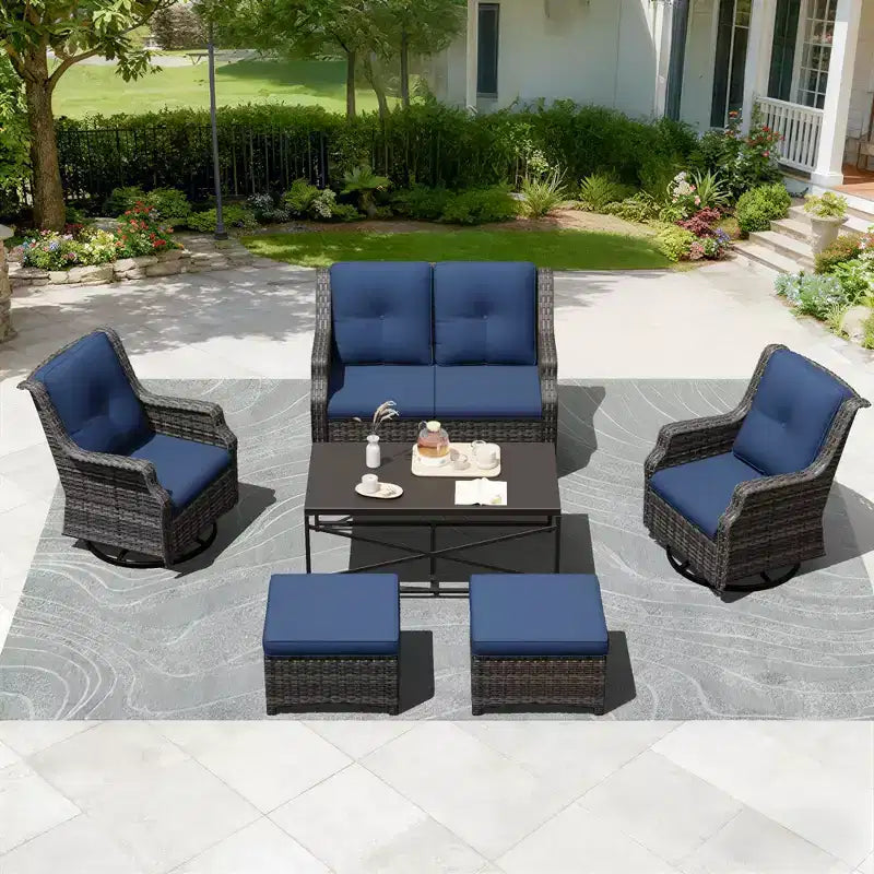 UPTIOT Modulare Outdoor-Sitzgruppe: 2-Sitzer-Sofa, 2 Schaukelstühle, 2 Hocker und Couchtisch für eine vielseitige Terrasse