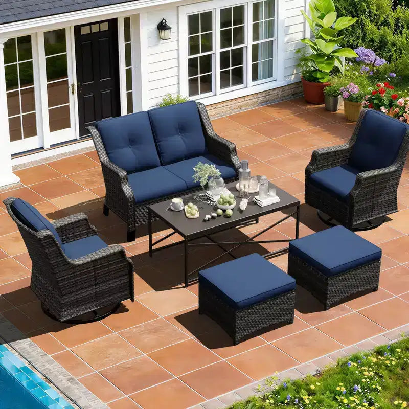UPTIOT Modulare Outdoor-Sitzgruppe: 2-Sitzer-Sofa, 2 Schaukelstühle, 2 Hocker und Couchtisch für eine vielseitige Terrasse