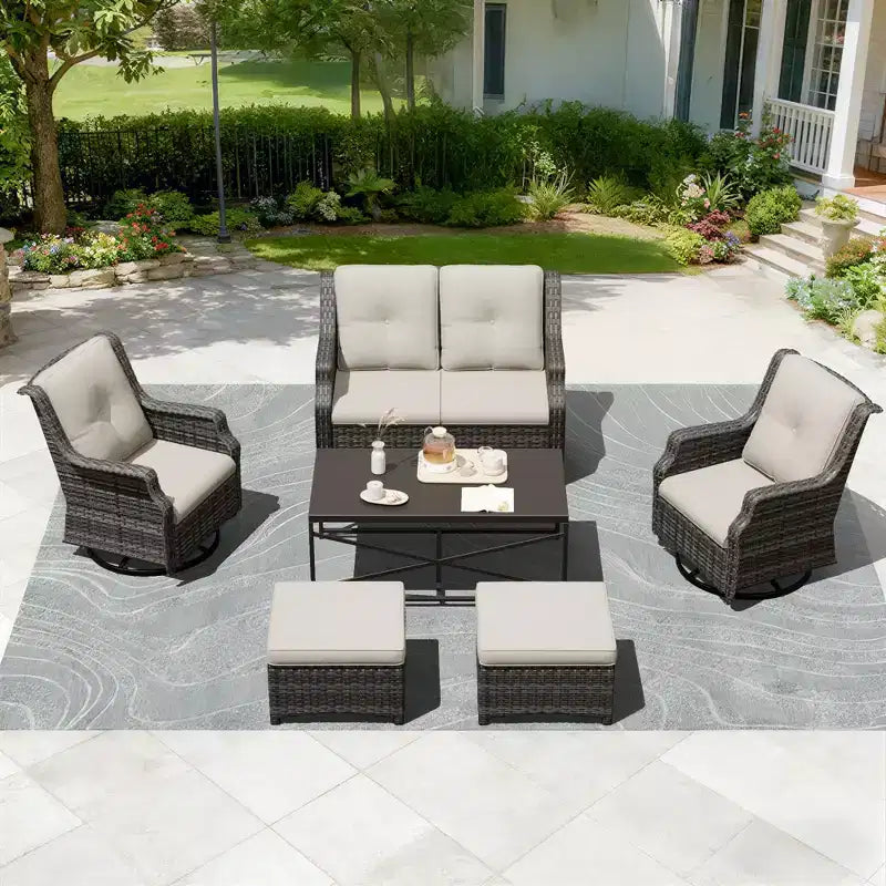 UPTIOT Modulare Outdoor-Sitzgruppe: 2-Sitzer-Sofa, 2 Schaukelstühle, 2 Hocker und Couchtisch für eine vielseitige Terrasse