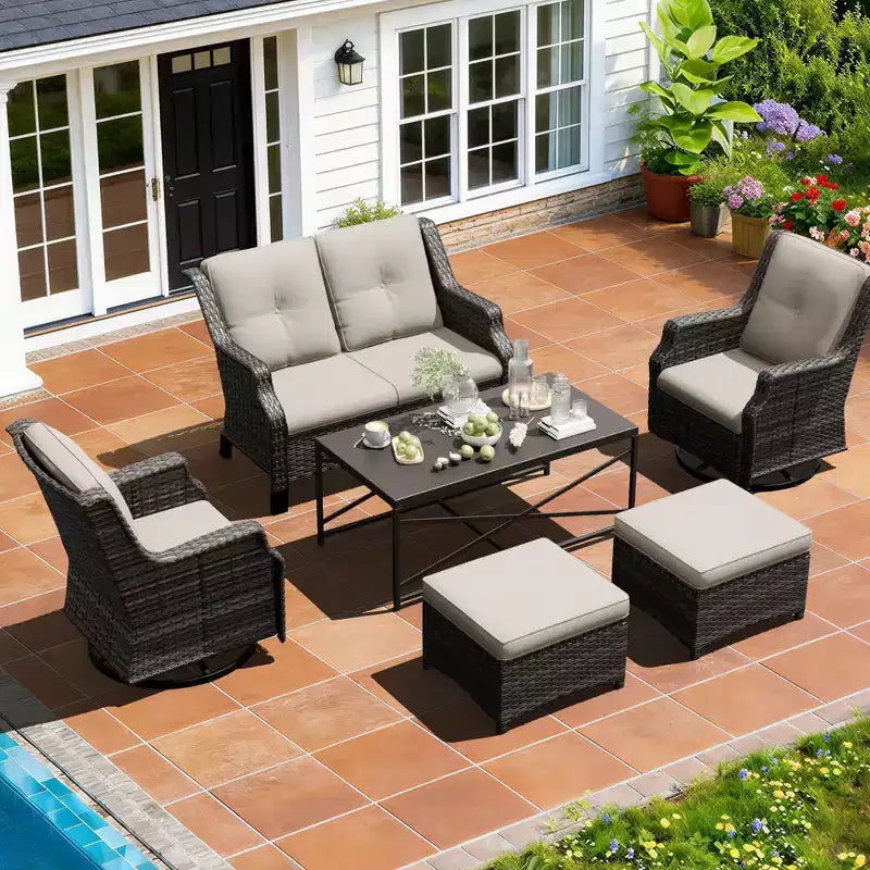 UPTIOT Modulare Outdoor-Sitzgruppe: 2-Sitzer-Sofa, 2 Schaukelstühle, 2 Hocker und Couchtisch für eine vielseitige Terrasse