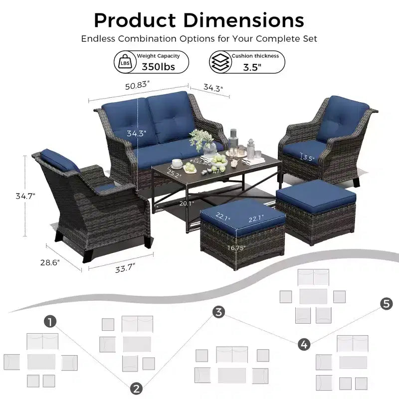 UPTIOT Modulare Outdoor-Sitzgruppe: 2-Sitzer-Sofa, 2 Schaukelstühle, 2 Hocker und Couchtisch für eine vielseitige Terrasse