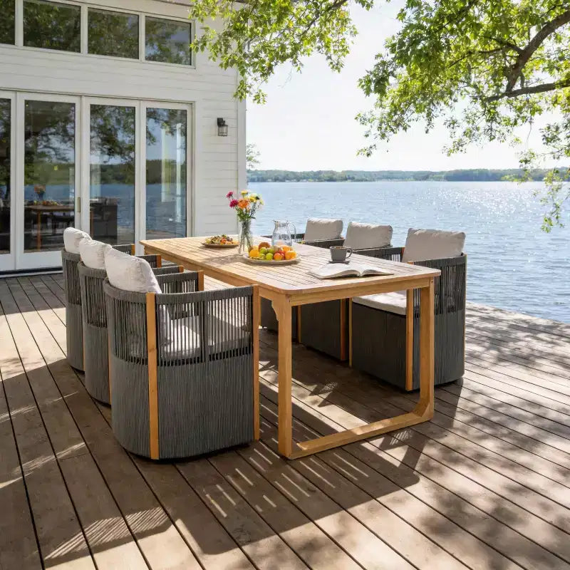 Conjunto de comedor para patio Christopher Knight Home Harrison, moderno, de madera de acacia, de 7 piezas, con 6 sillas giratorias de cuerda