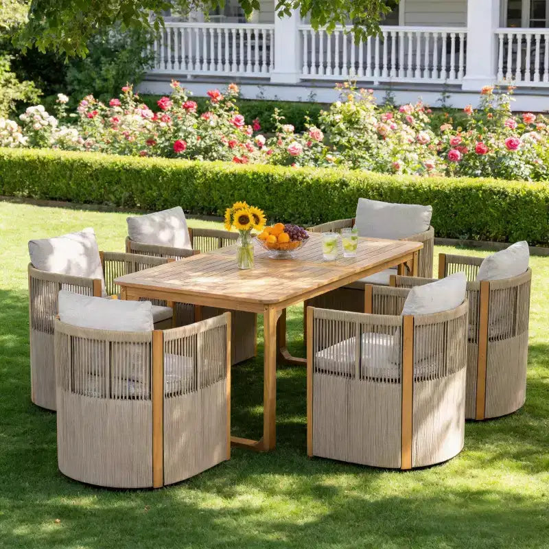 Conjunto de comedor para patio Christopher Knight Home Harrison, moderno, de madera de acacia, de 7 piezas, con 6 sillas giratorias de cuerda