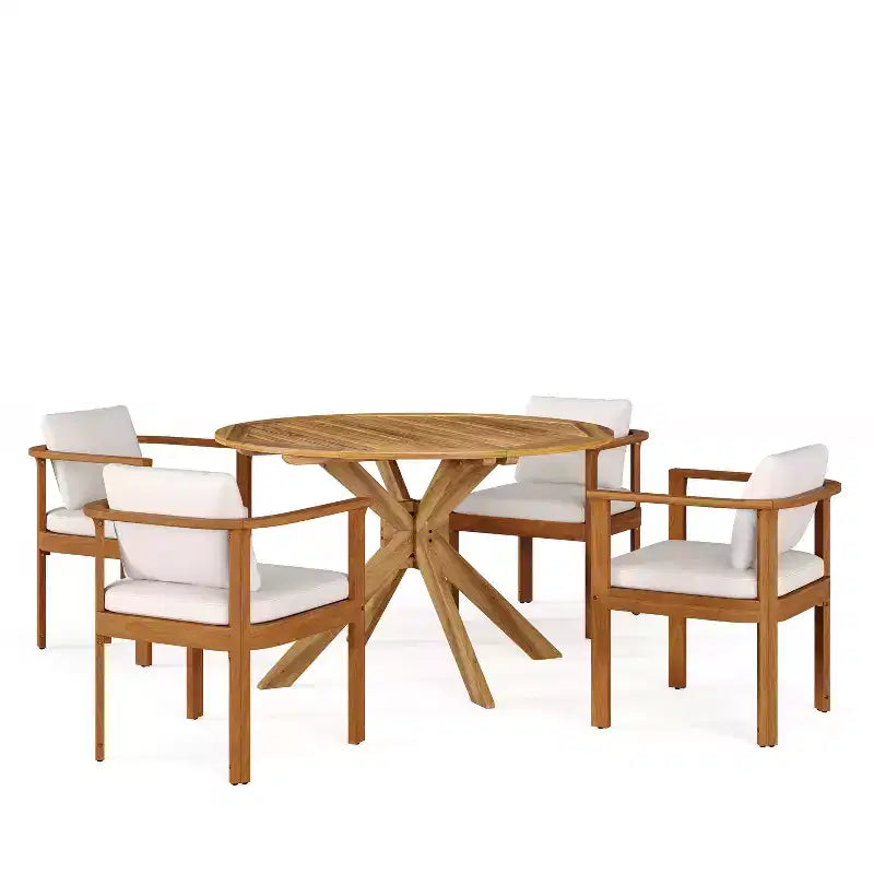 Ensemble repas rond d’extérieur Everett 5 pièces en bois d’acacia rustique pour patio Christopher Knight Home, avec chaises rembourrées