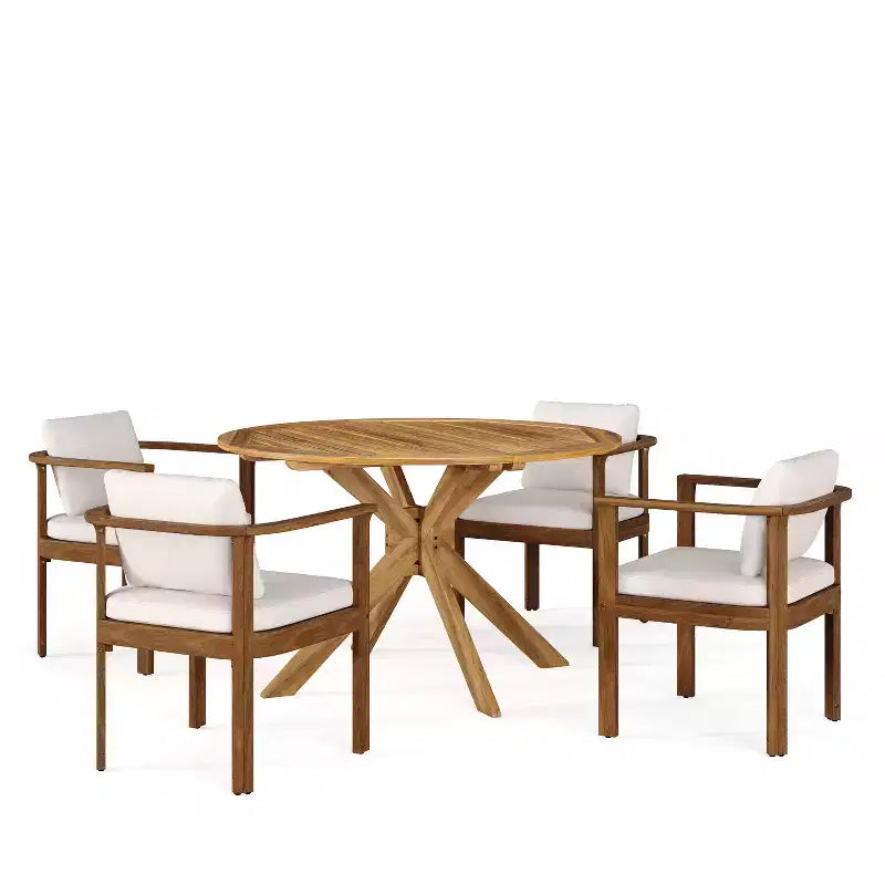 Ensemble repas rond d’extérieur Everett 5 pièces en bois d’acacia rustique pour patio Christopher Knight Home, avec chaises rembourrées