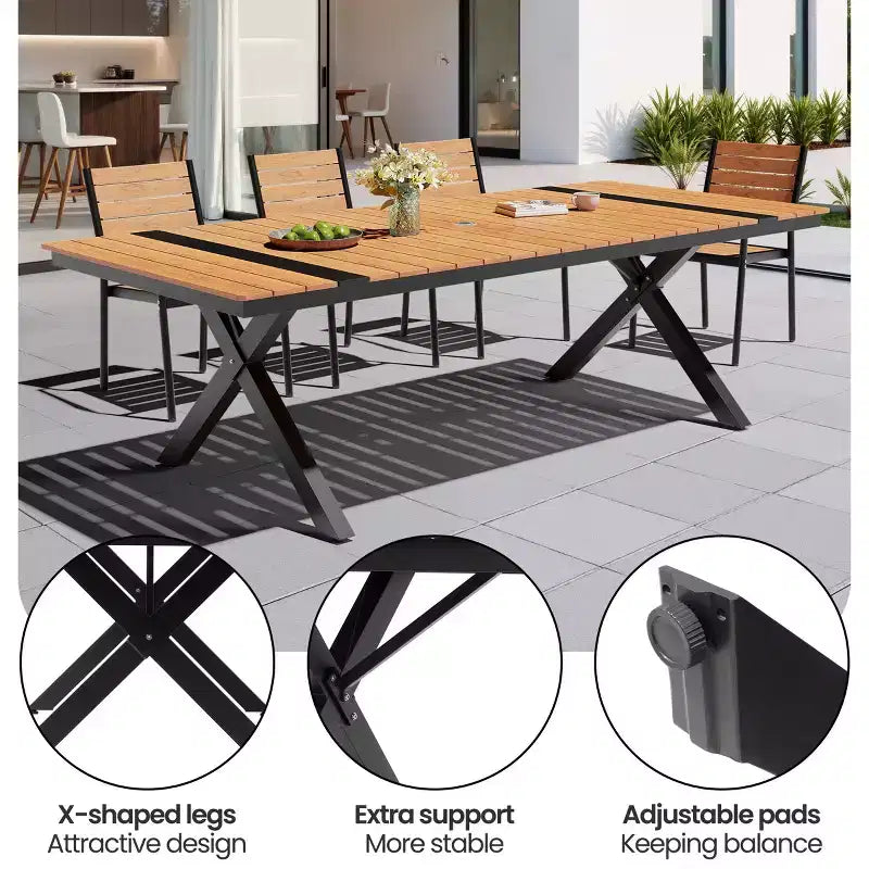 Conjunto de comedor de patio exterior de 11 piezas de Crestlive Products con sillas apilables con brazos y mesa con apariencia de madera y orificio para sombrilla, para reuniones grandes