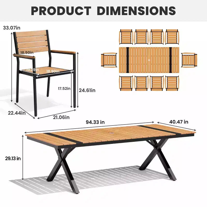 Conjunto de comedor de patio exterior de 11 piezas de Crestlive Products con sillas apilables con brazos y mesa con apariencia de madera y orificio para sombrilla, para reuniones grandes