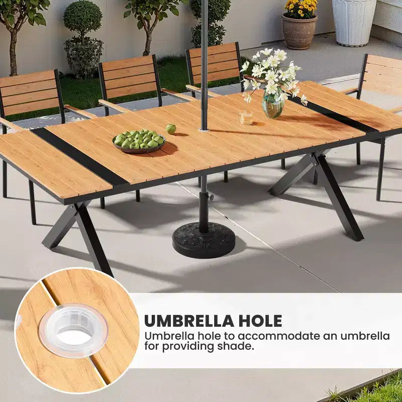 Conjunto de comedor de patio exterior de 11 piezas de Crestlive Products con sillas apilables con brazos y mesa con apariencia de madera y orificio para sombrilla, para reuniones grandes