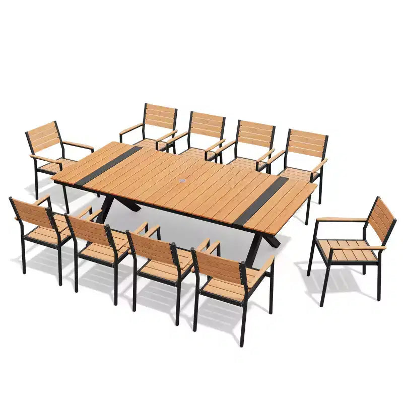Conjunto de comedor de patio exterior de 11 piezas de Crestlive Products con sillas apilables con brazos y mesa con apariencia de madera y orificio para sombrilla, para reuniones grandes