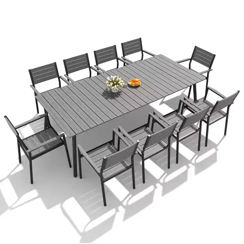 Conjunto de comedor de patio exterior de 11 piezas de Crestlive Products con sillas apilables con brazos y mesa con apariencia de madera y orificio para sombrilla, para reuniones grandes