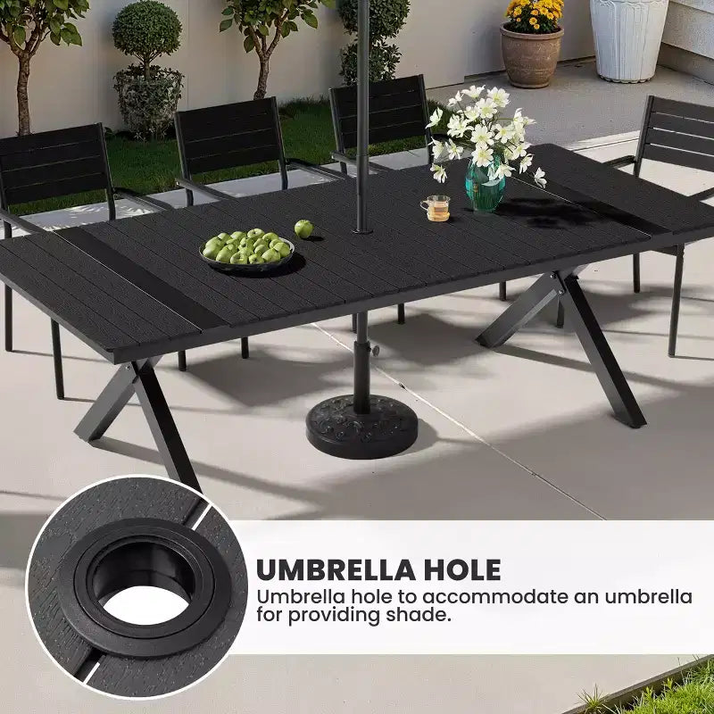 Conjunto de comedor de patio exterior de 11 piezas de Crestlive Products con sillas apilables con brazos y mesa con apariencia de madera y orificio para sombrilla, para reuniones grandes