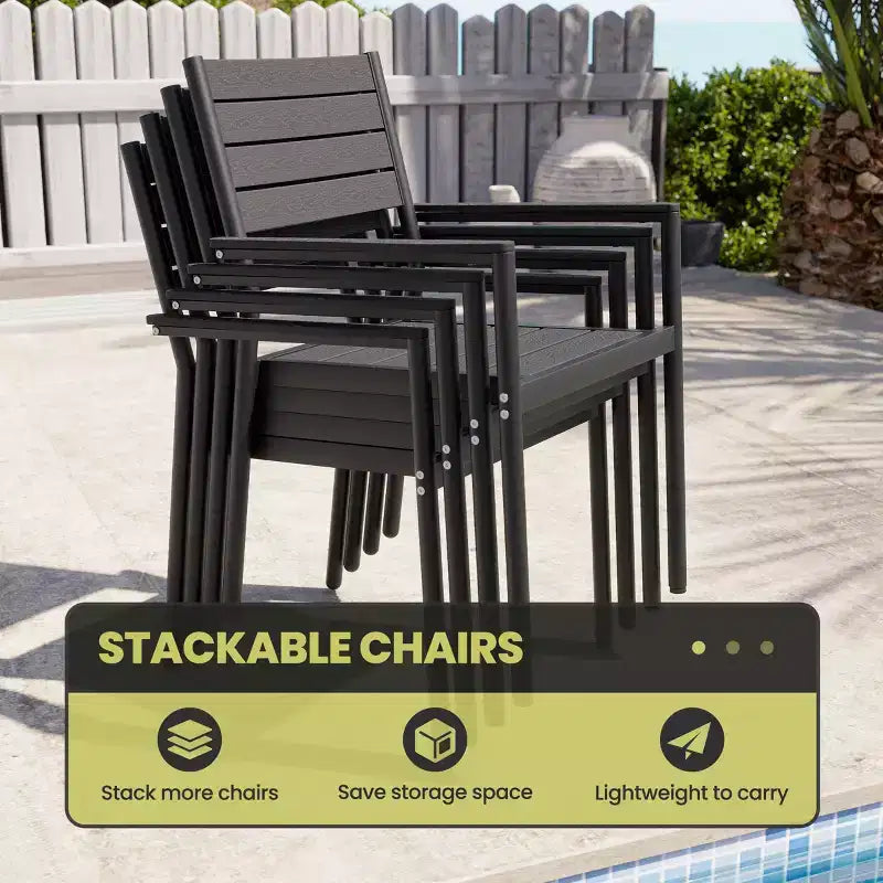 Conjunto de comedor de patio exterior de 11 piezas de Crestlive Products con sillas apilables con brazos y mesa con apariencia de madera y orificio para sombrilla, para reuniones grandes