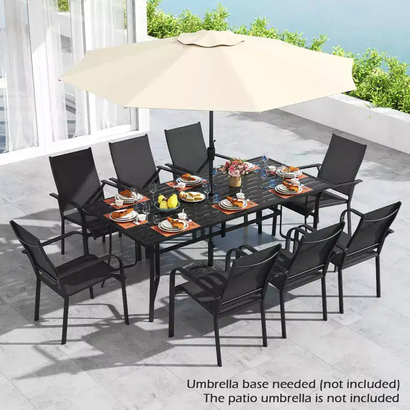 Gymax 9-teiliges Esszimmerset für die Terrasse mit rechteckigem Tisch und stapelbaren Stühlen mit Sonnenschirmöffnung