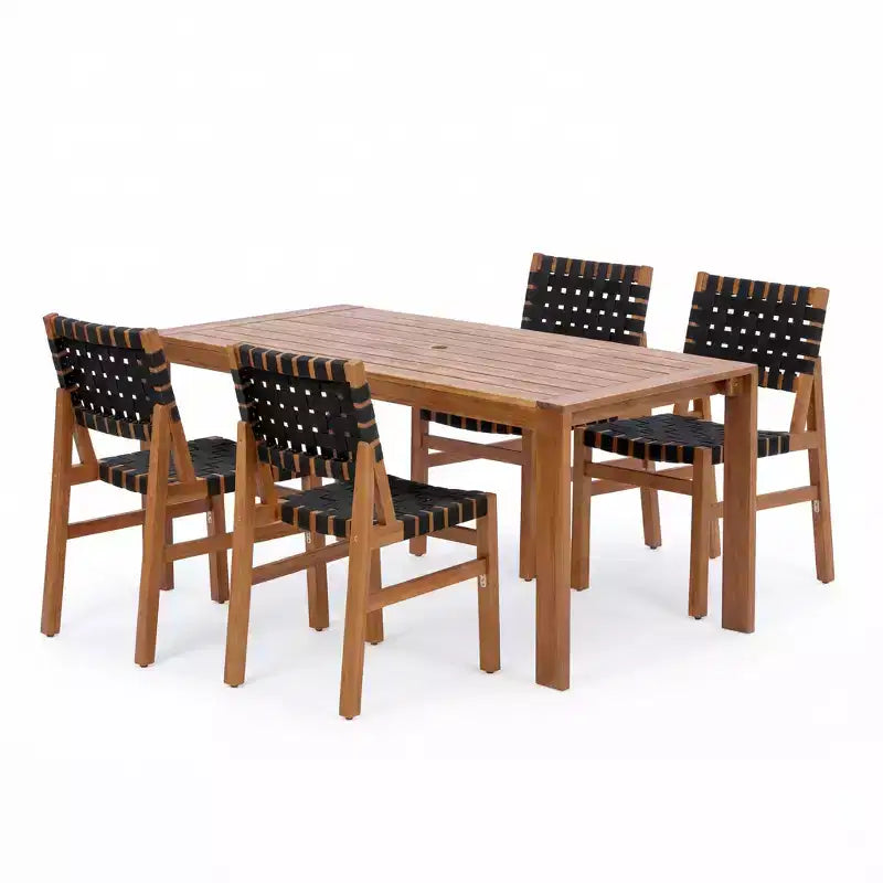 Juego de comedor de patio moderno Christopher Knight Home Prem de 5 piezas, de madera de acacia, con cuerda tejida de PE y mesa de listones