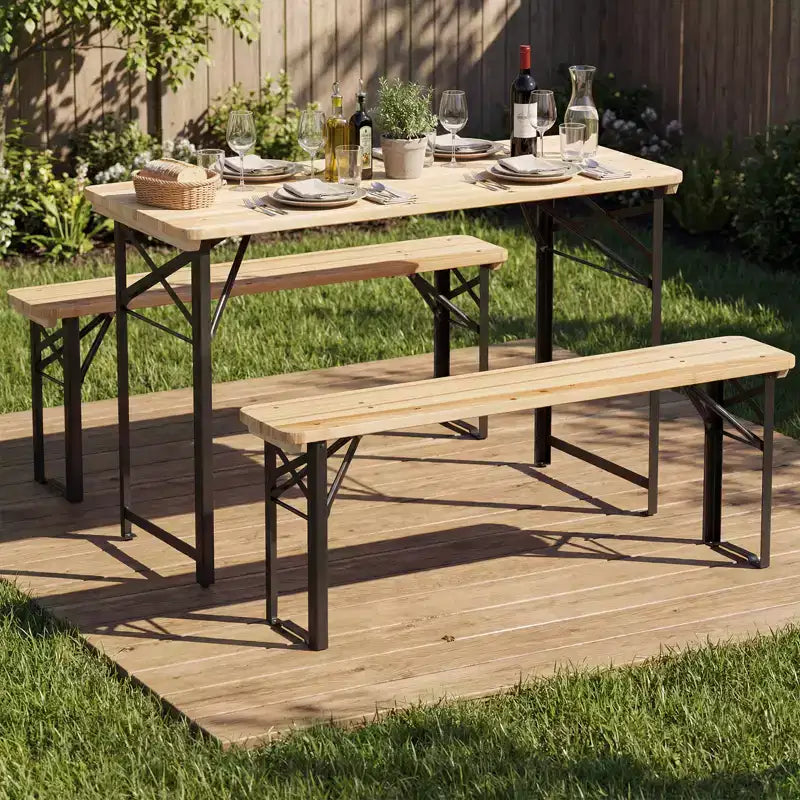 Mesa de picnic plegable de 3 piezas Gymax con bancos, asientos y estructura de metal para jardín y patio